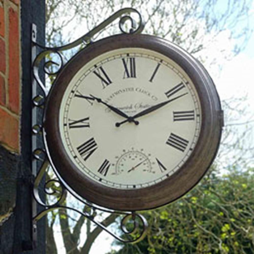 Double Sided Greenwich Station Clock & Thermometer 15" 38Cm