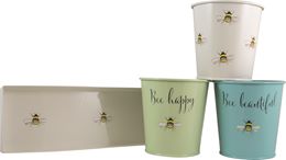 Bee Happy Decorated Painted Steel 3 Pots with Tray