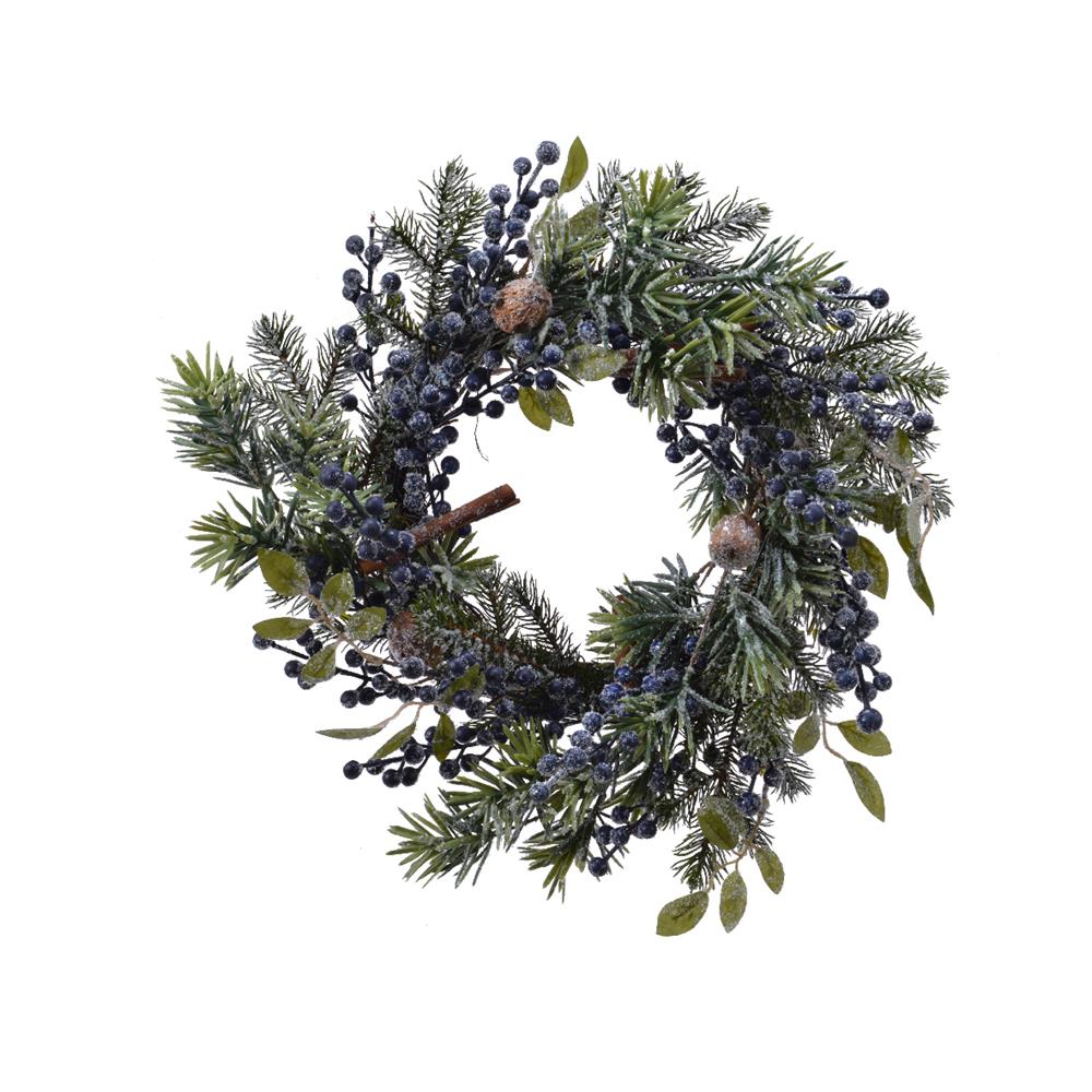 Wreath with frosted blue berries, willow, cinnamon & nuts