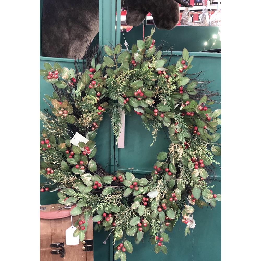 Glitter Holly Wreath 58cm